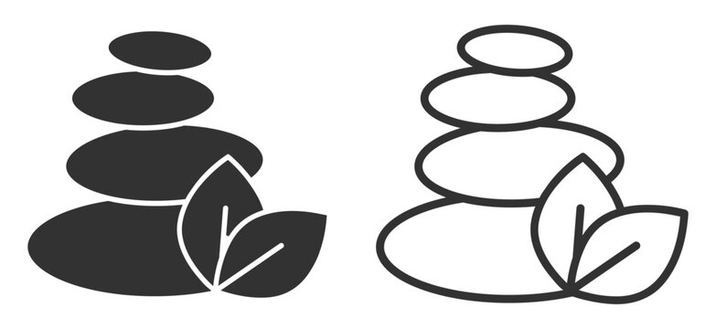 Zen spa stones stack with leaf, wellness and relaxation therapy silhouette icon isolated on transparent background