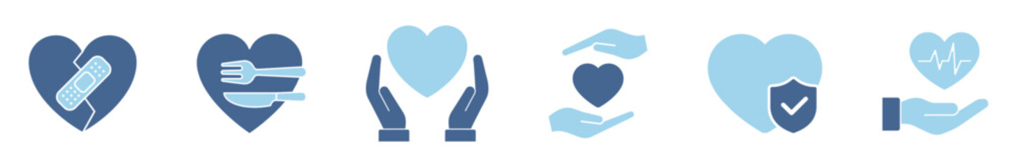 Blue healthcare and heart care icons set, medical protection insurance support symbols, flat vector illustration isolated on transparent background