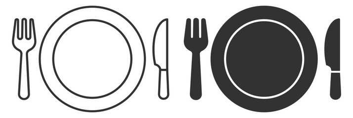 Naklejka na ściany i meble Restaurant and dining icon set, plate with fork and knife, food service emblem in flat and outline design on transparent background