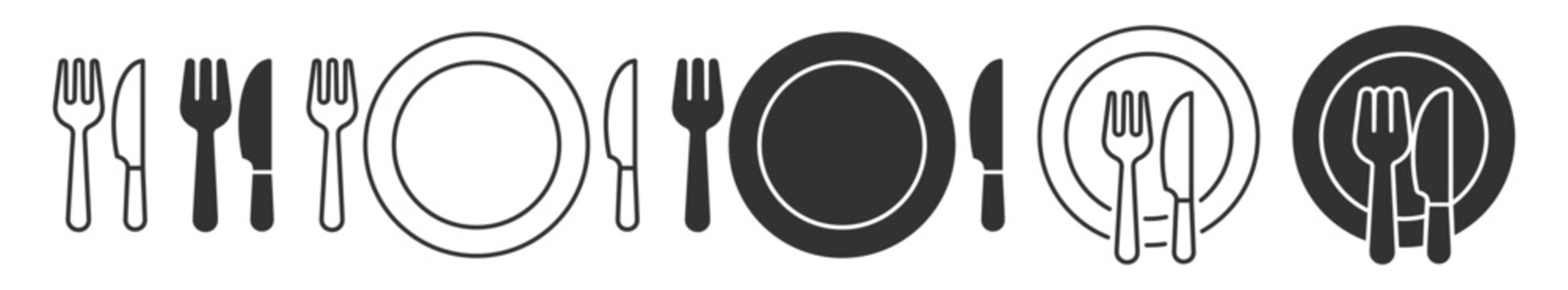 Restaurant plate and cutlery icons collection, fork and knife dining symbols in solid and line design for food service on transparent background