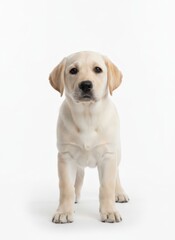 A standing Labrador puppy looking directly at the camera with a curious expression in a studio setting