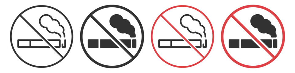 No smoking sign icon set, cigarette with smoke prohibited symbol in outline and solid style on transparent background © Pavlo