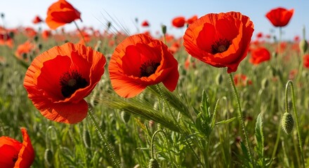 Obraz premium Vibrant Red Poppies Blooming in a Field Under the Sun