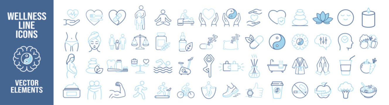 Beauty and wellness thin line icon set for health, mindfulness, balance and self care. Editable stroke vector pictograms of skincare, spa, fitness and relaxation on transparent background