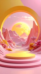 Soft, gentle pink and yellow landscape with mountains and golden platform in foreground