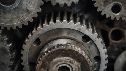 Macro shot of rusted, interlocking gears, showcasing mechanical complexity and aged metal