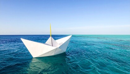 Obraz premium Paper Boat Floating on Calm Ocean.