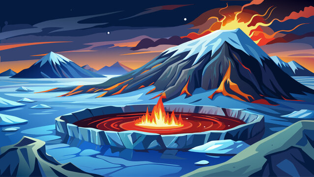 Very beautiful icy slopes of Mount Erebus surround a persistent lava lake, contrasting frozen Antarctic silence with glowing volcanic energy beneath polar skies.