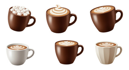 Obraz premium Six assorted coffee and hot chocolate cups with latte art, foam swirls and marshmallows in various ceramic mugs