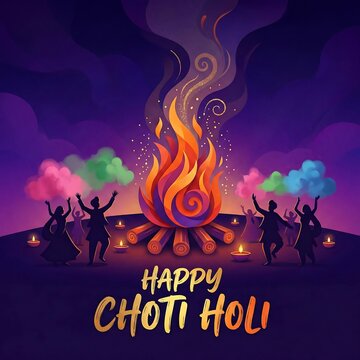 Celebration of choti holi with a vibrant bonfire and joyful gathering of people.