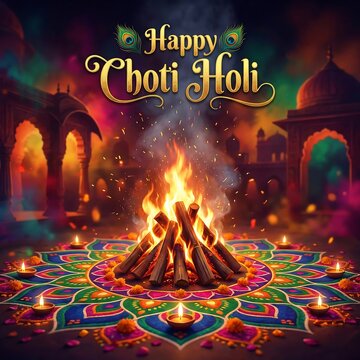 Vibrant celebration of choti holi with traditional bonfire and colorful decorations