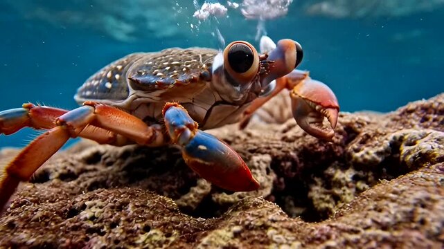 Vibrant crab with bubbles on a reef in a clear underwater marine environment.