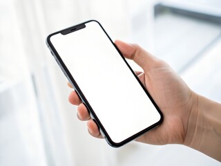 Close-up of a hand holding a modern smartphone with a blank white screen, perfect for app development mockups or website previews.