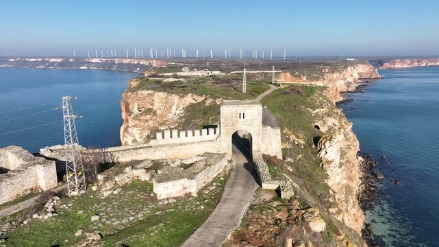 Gate of ancient fortress Kaliakra on a cape Kaliakra. Aerial view. North-east Bulgaria, Kavarna, Black sea