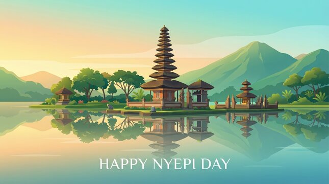 Happy Nyepi Day of Silence Vector Greeting Card.