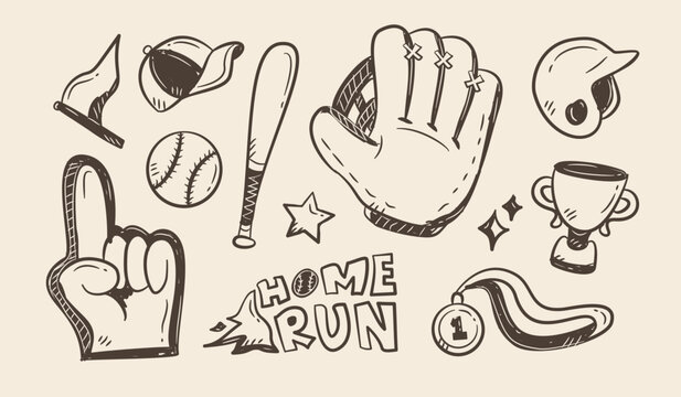 Baseball doodle set. Collection of Baseball equipments hand drawn illustration. Softball item kits vintage elements. Scribble of ball, gloves, bat, helmet, home run, medal, cup, trophy, cap.