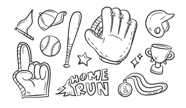 Baseball doodle set. Collection of Baseball equipments hand drawn illustration. Softball item kits vector elements. Scribble of ball, gloves, bat, helmet, home run, medal, cup, trophy, cap.