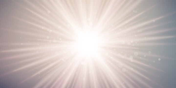 Glowing sun halo gleam with radiant rays in the sky. Flash of light. Vector illustration with gradient mesh, bokeh and overlay effects. 