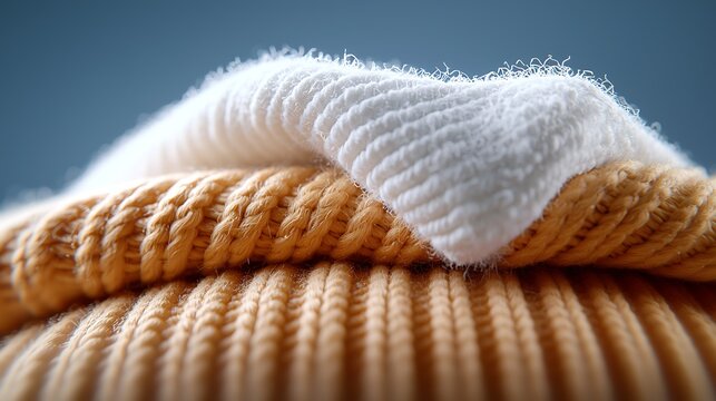 Close-up texture of stacked warm knitted fabrics in autumn colors