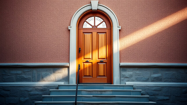 An arched wooden door with a decorative transom window stands on stone steps against a textured wall, illuminated by dramatic diagonal sunlight.
