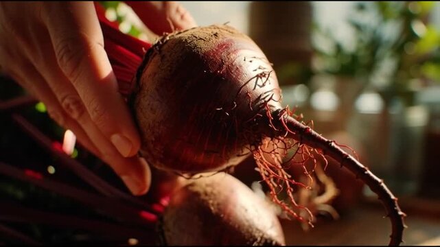 Fresh beets on rustic wooden table with vibrant red stems