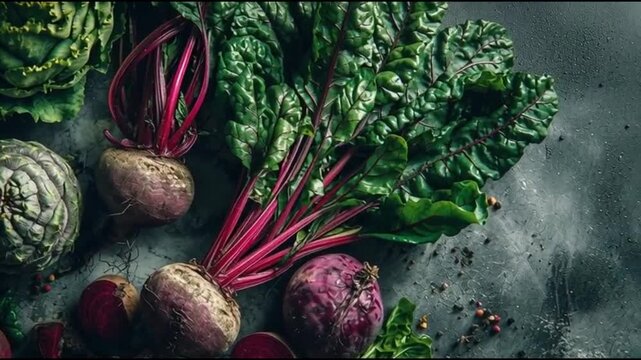 Vibrant beets and leafy greens arranged on rustic surface