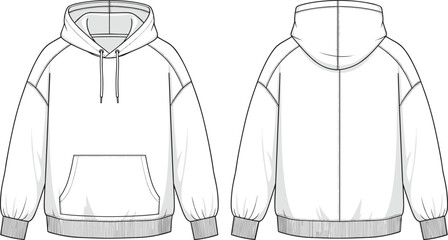 Men or Women Oversized Hoodie with Front Pocket and Raglan Sleeves Fashion Technical Sketch Vector Illustration for Apparel Design Templates © MdAtiar