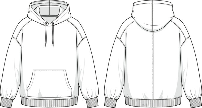 Men or Women Oversized Hoodie with Front Pocket and Raglan Sleeves Fashion Technical Sketch Vector Illustration for Apparel Design Templates