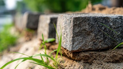 Fototapeta premium Close-up of layered natural stone blocks forming a foundation with grass growing around them