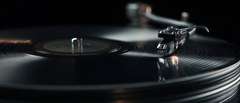 The vinyl record on a vintage turntable with stylus close-up