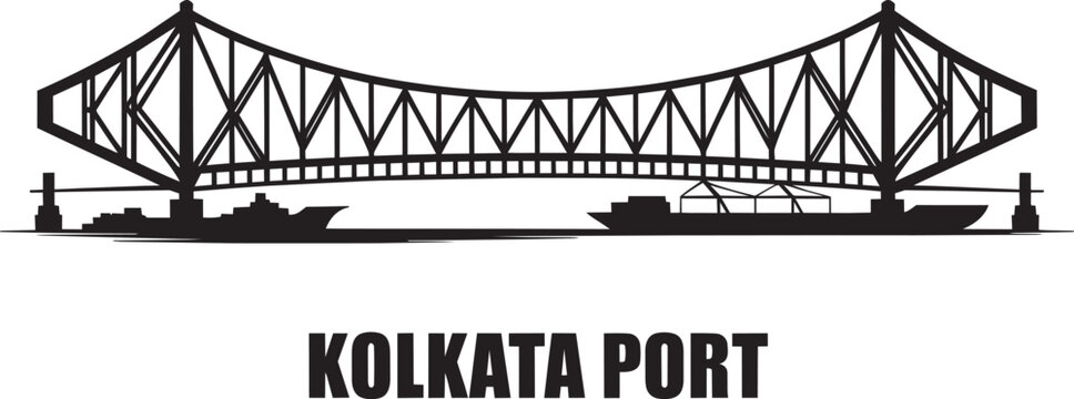 Kolkata port silhouette illustration with howrah bridge and cargo vessels on river landscape