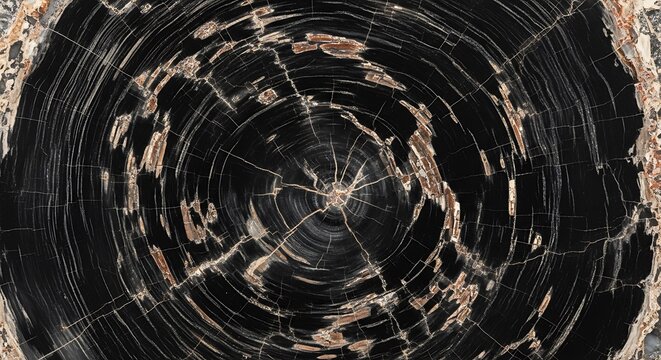 Close up of a detailed cross section of petrified wood with rings