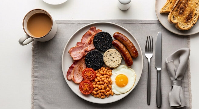 Minimal overhead breakfast plate with egg, beans, bacon, sausages, black pudding, toast, and tea on a linen placemat
