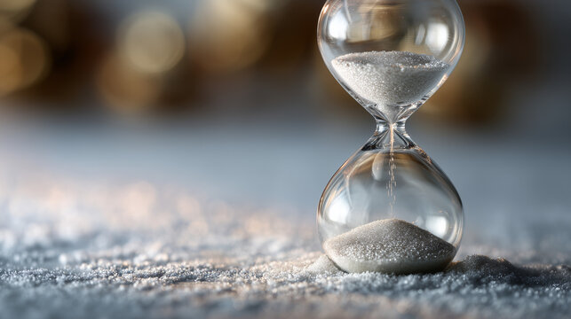 Clear glass hourglass with fine white sand flowing steadily half-empty, soft dove grey backdrop, ethereal backlighting

