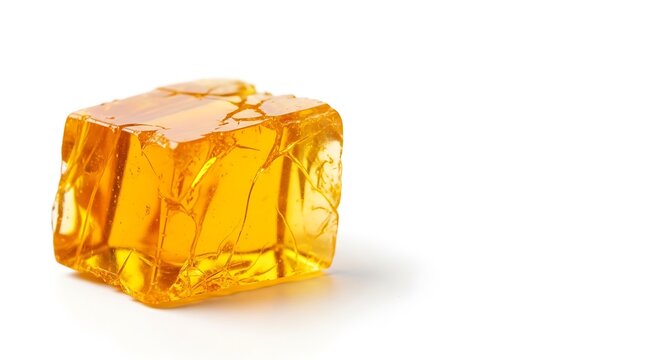 Close up of a golden translucent jelly cube on a white background