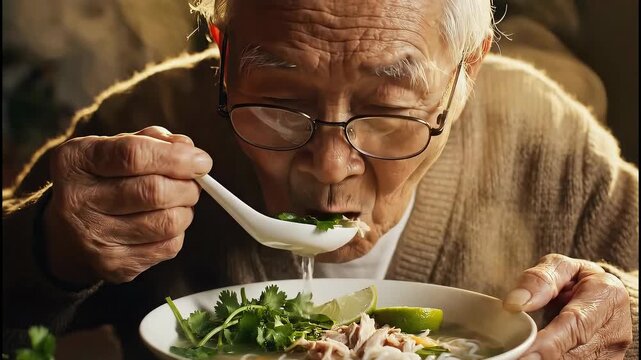 Elderly man enjoys chicken pho at a small table in a cozy setting while adding herbs and lime