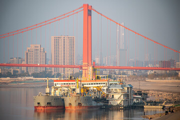 Yangtze River Bridge and Ships in Wuhan, China