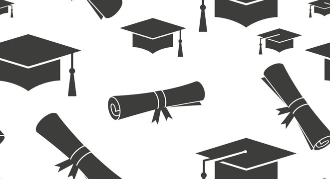 A seamless pattern of black graduation caps and rolled diplomas on a white background, symbolizing academic achievement and success.