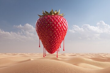 Floating Giant Strawberry Over Desert