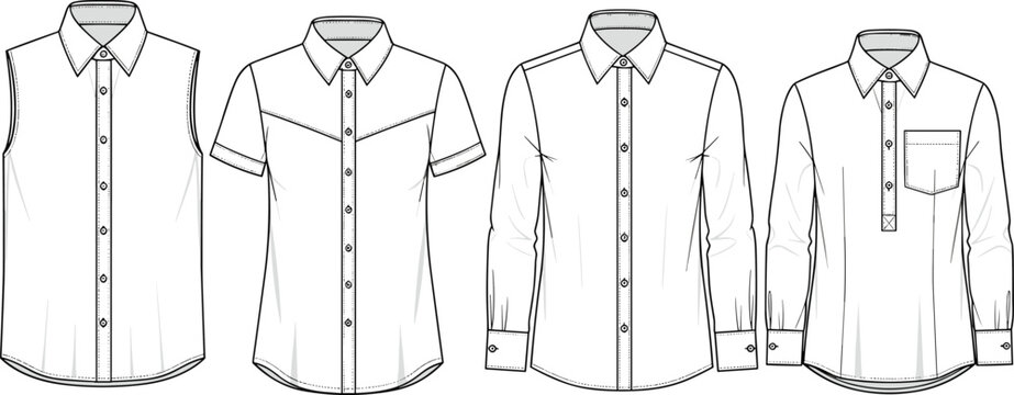 Women Casual Shirt and Blouse Collection Fashion Technical Sketch Vector Illustration Featuring Sleeveless Short Sleeve and Long Sleeve Button Down Styles