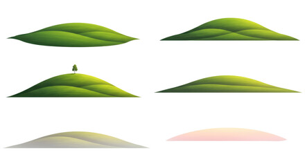 Plakat Set of six stylized green hill illustrations with layered gradients and smooth contours, one featuring a lone tree, including soft pastel and shadowed variations for nature or landscape design