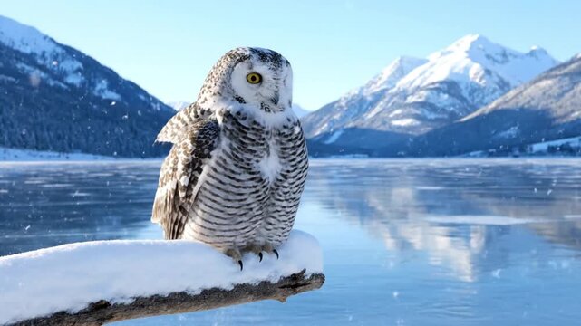 Snowy Owl on Frozen Lake with Mountains.
