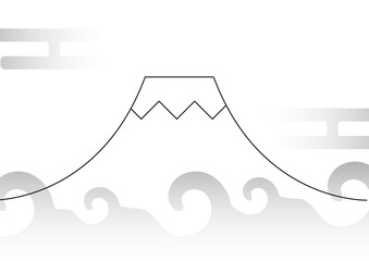和風の富士山と波・雲の線画イラスト・日本文化・観光・お祝いのコンセプトイメージ・年賀状や和風告知用