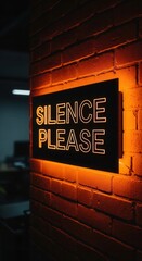 Illuminated Signage on Brick Wall: Silence Request, Orange Glow, Textured Background