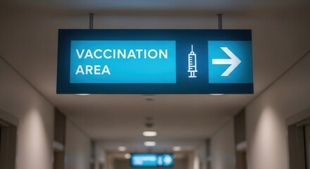Illuminated Vaccination Area Sign Directing Towards Medical Immunization Location