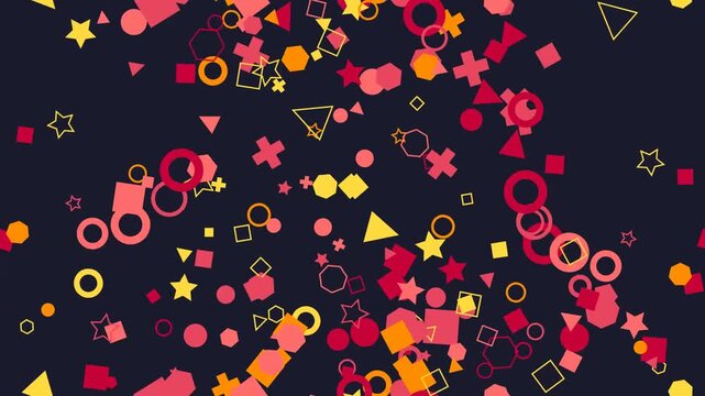 Vibrant abstract seamless pattern of scattered pink, red, and yellow geometric shapes against a dark navy background, evoking a nostalgic 90s aesthetic.