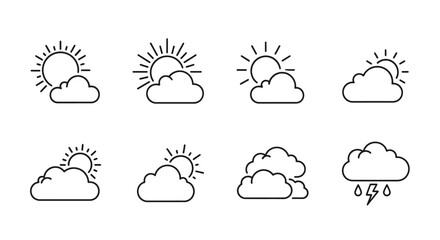 Fototapeta premium Minimalist weather icon set: sun, clouds, rain, and thunderstorms illustrated in simple outline
