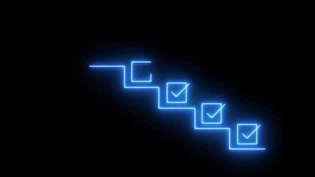 glowing neon Achievement Pathway, digital checklist with glowing badge, symbolizing goal completion and success in a business setting, coach the way of setting goals, objectives and success.