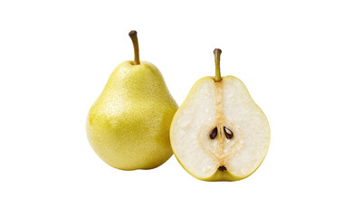 Whole Pear and Vertical Half Showing Core and Seeds on White