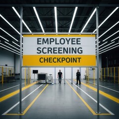 Industrial Employee Screening Checkpoint with Security Personnel and Modern Architectural Interior